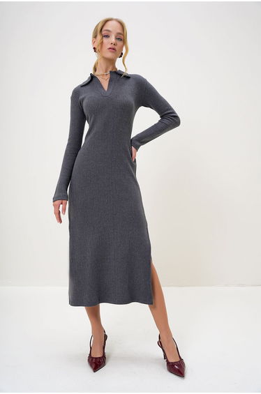 Women's Anthracite Polo Collar Half Placket Side Slit Interlock Fabric Dress
