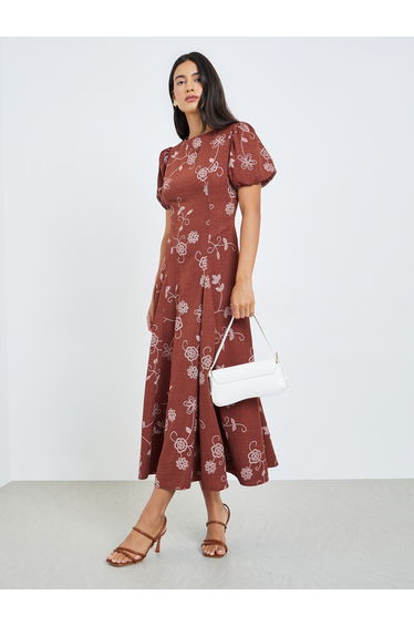 Rust Floral Puff Sleeves Maxi Dress