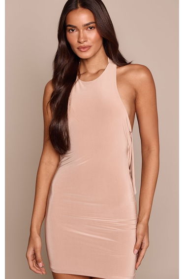Taupe Double Layer Knot Back Detail Mini Dress