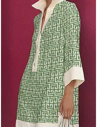 Long Sleeves Three-Quarter Sleeves Buttoned Printed Lapel Mini Dresses Shirt Dress - 1