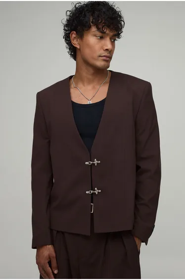 Oversized Boxy Clasp Detail Collarless Suit Jacket - chocolate