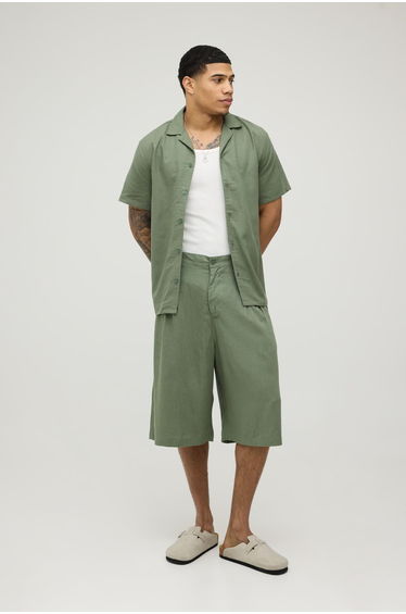 Relaxed Fit Half & Half Waist Linen Blend Jort - olive