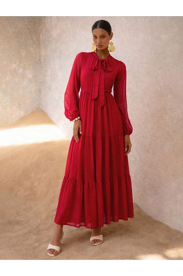 Red Tie-Up Neck Long Sleeve Tiered Maxi Dress