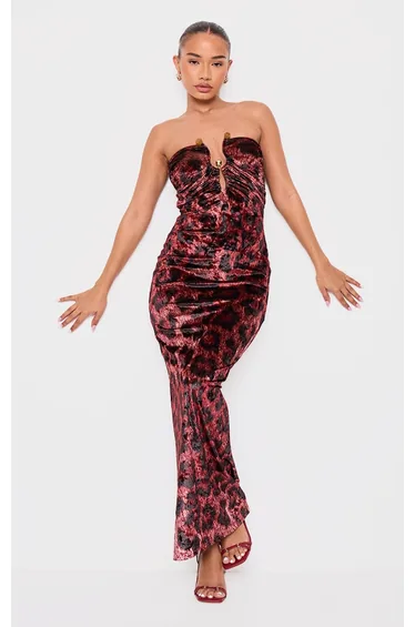 Petite Red Leopard Print Velvet Trim Detail Maxi Dress