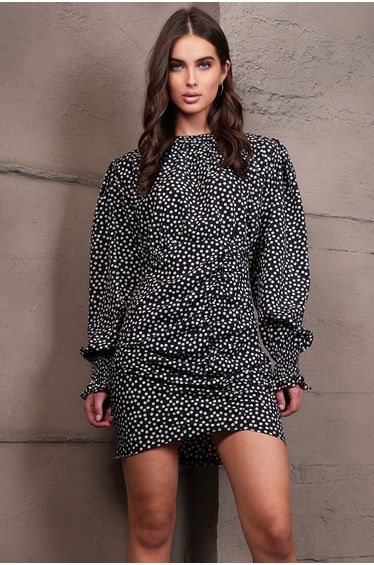 Women's Black Wide Neckline Drape Detail Polka Dot Midi Length Dress