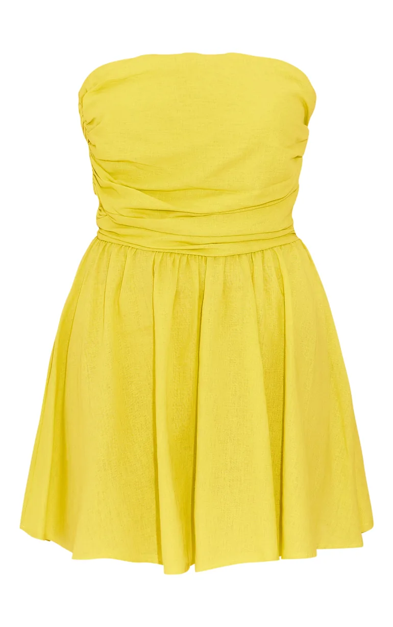 Chartreuse Linen Look Pleated Shift Dress - 4
