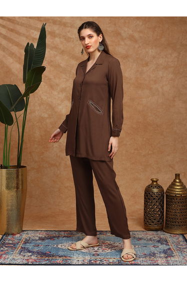 Women Longline Shirt Style Tunic and Trousers Co-Ords