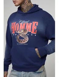 Tall Oversized Boxy Homme Western Spray Wash Distressed Hoodie - navy - 2