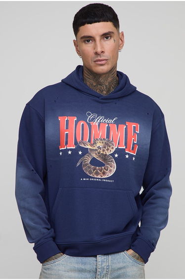 Tall Oversized Boxy Homme Western Spray Wash Distressed Hoodie - navy