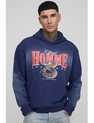 Tall Oversized Boxy Homme Western Spray Wash Distressed Hoodie - navy