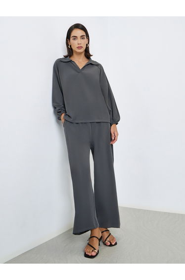 Women Charcoal Shirt Collar Top and Pants Modest Set