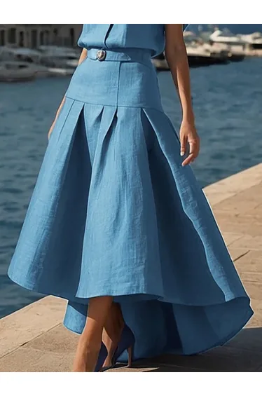 High Waisted High-Low Belted Pleated Solid Color Skirts Bottoms