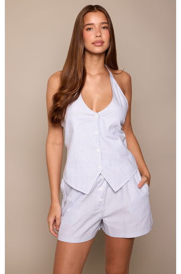 Blue Woven Striped Button Down Halter Neck Top