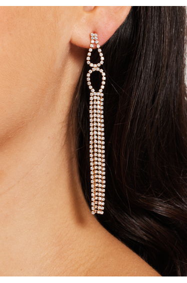 Elegant Rhinestone Tassel Long Dangle Earrings in Gold