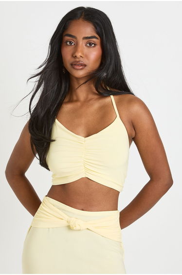 Double Layer Ruched Halterneck Cropped Top - lemon
