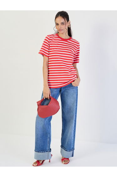 Red Striped Crew Neck Knit T-Shirt