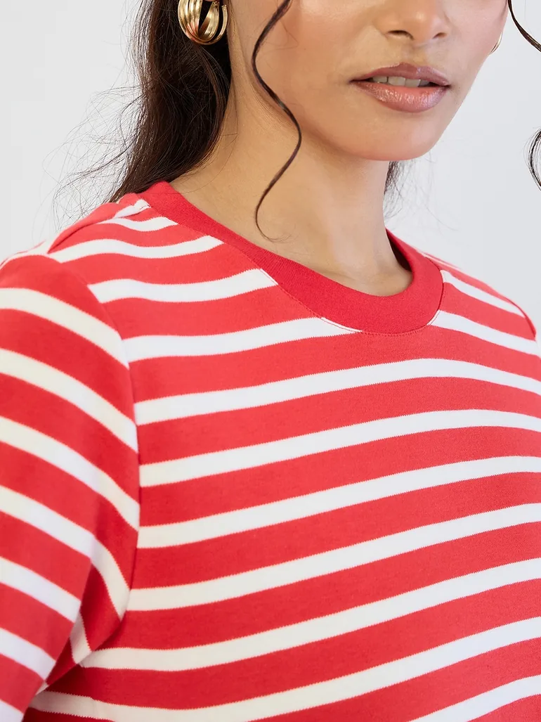 Red Striped Crew Neck Knit T-Shirt - 3