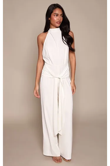 Cream Textured Tie Front High Neck Wide Leg Jumpsuit
