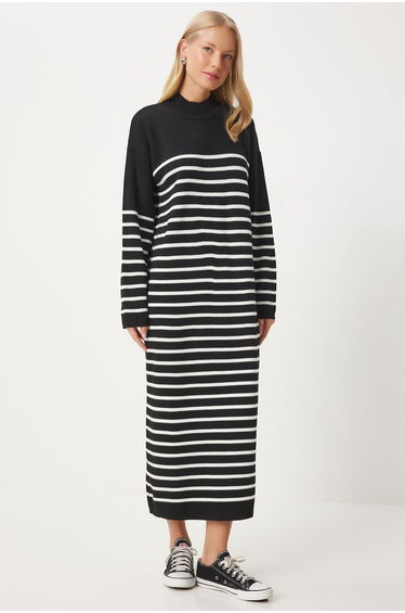 Women's Black Striped Loose Knit Dress