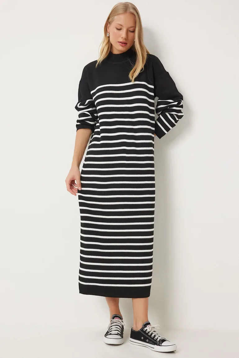 Women's Black Striped Loose Knit Dress - 1