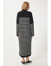 Women's Black Striped Loose Knit Dress - 4