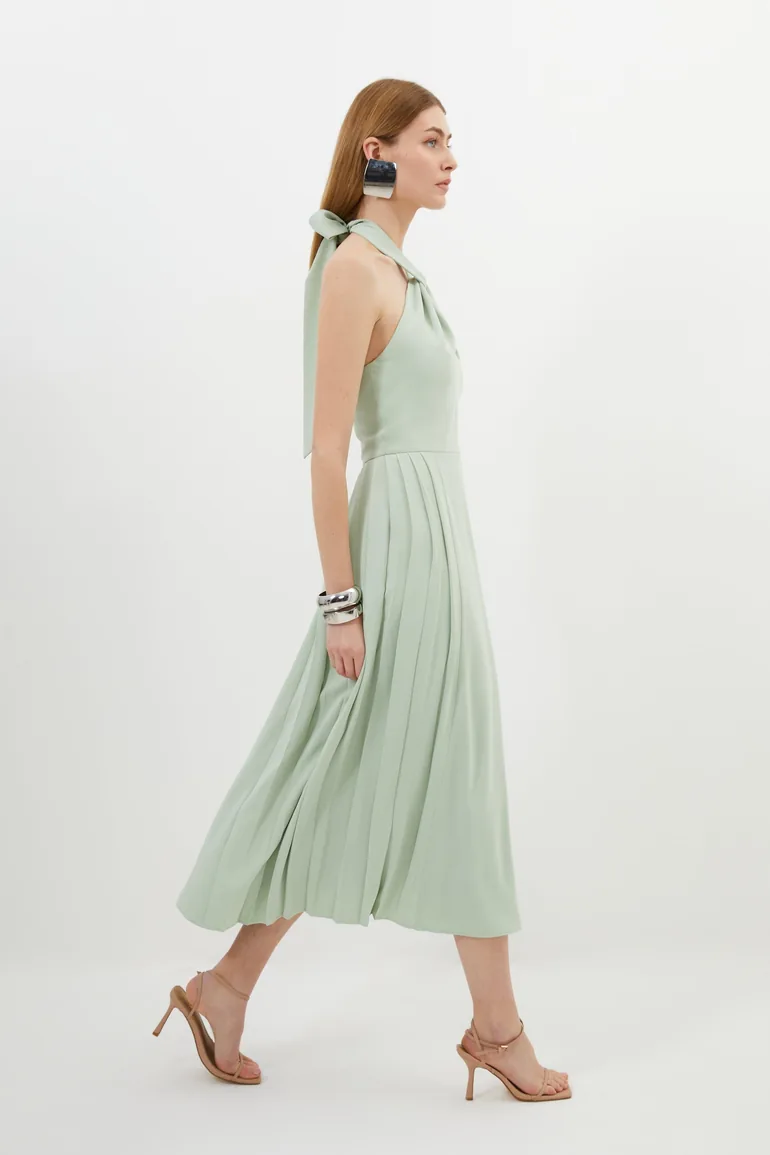 Soft Tailored Halter Tie Neck Pleat Detail Midi Dress - 2