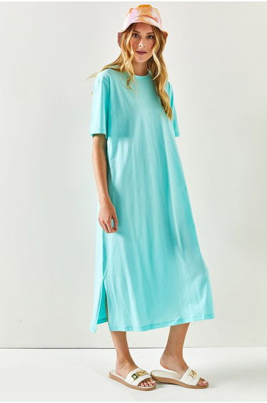 Women's Mint Green Side Slit Oversize Cotton Dress