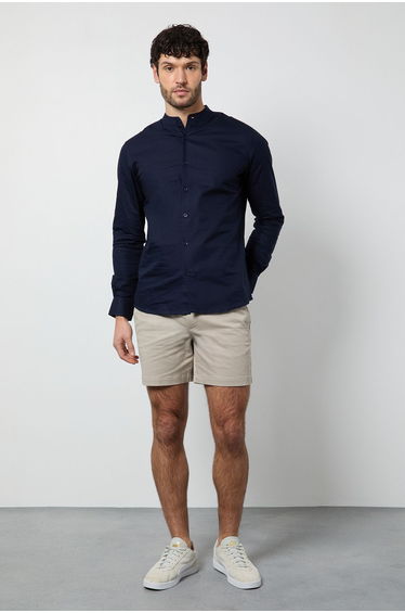 Navy Oxford Grandad Long Sleeve Shirt