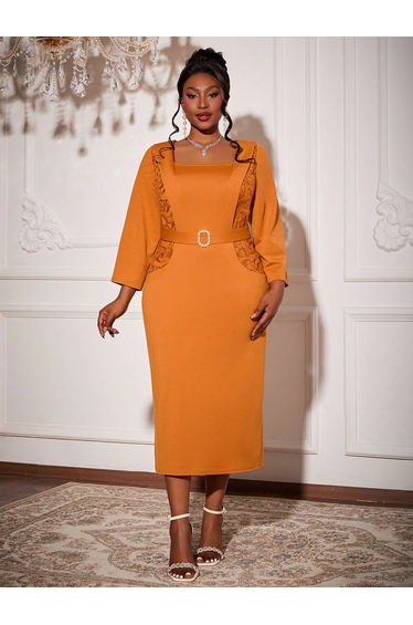 Leely Plus Women's Elegant Square Neck Three Quarter Length Sleeve Party Dress