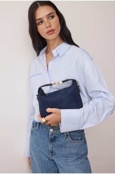 Navy Blue Suede Bowling Mini Size Mini City Hand and Shoulder Bag