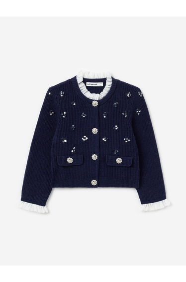 Self Portrait Girls Embellished Cardigan in Navy