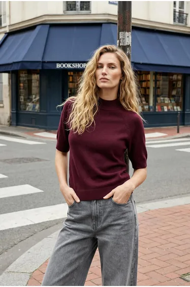 Claret Red Mercerized Look Premium Yarn/Special Yarn Basic Fine Knit Blouse