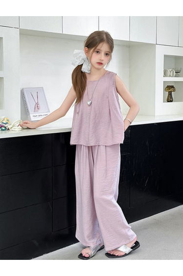 Girls Solid Sleeveless Top and Wide Leg Pants Set