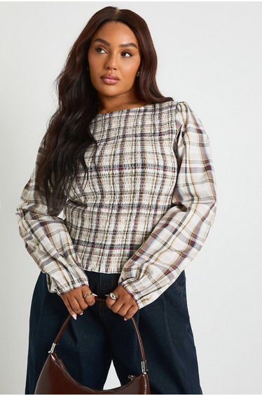 Plus Shirred Check Peplum - sage