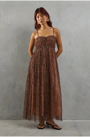 Tulle Animal Print Strappy Bandeau Maxi Dress