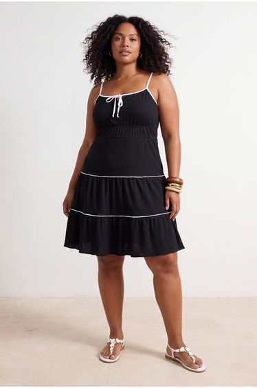 Black Lined Thin Strap Piping Detailed Knitted Plus Size Dress