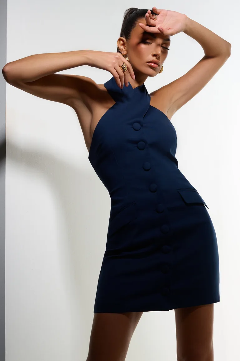 Shop Dani | Navy Halter Neck Tailored Buttoned Bodycon Mini Dress Online in Oman Shop Dani | Navy Halter Neck Tailored Buttoned Bodycon Mini Dress Online in Oman
