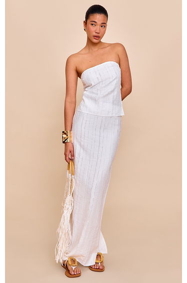 White Textured Frayed Bandeau Top
