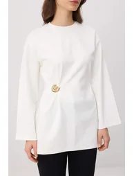 Ecru Soft Fabric Buckle Detailed Knitted Tunic - 2