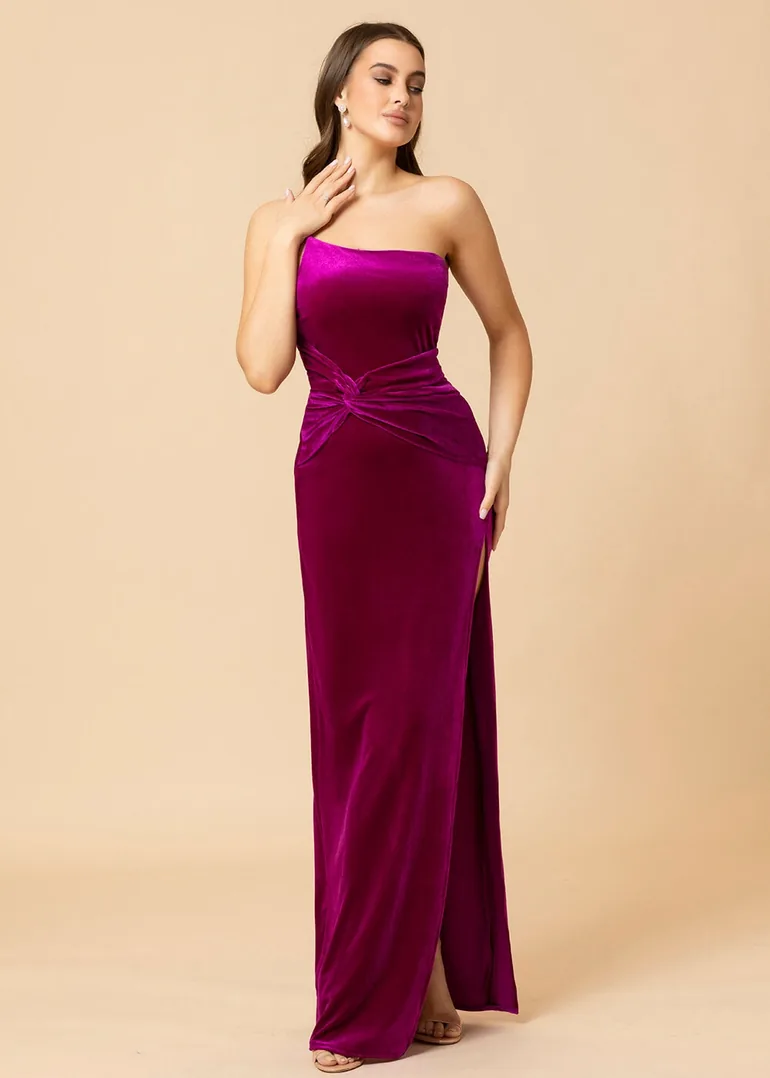 Sheath One Shoulder Velevt Bridesmaid Dress With Side Slit - 4