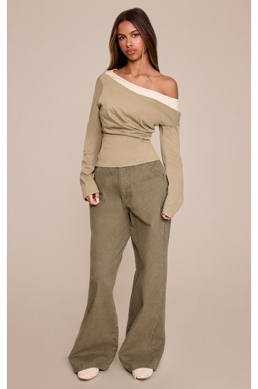 Petite Dark Olive Double Layer Asymmetric Detail Top