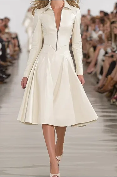 Long Sleeves Skinny Soft Zipper Lapel Midi Dresses