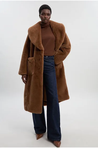 Petite Faux Fur Buttoned Midi Coat