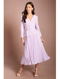 Crepe Bodice Long Sleeve Pleated Midi Dress - 3