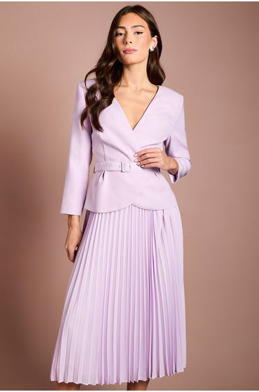 Crepe Bodice Long Sleeve Pleated Midi Dress