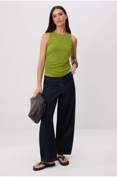 Oil Green Plain Fitted Boat Neck Standard Sleeve Sleeveless Stretchy Knitted Blouse