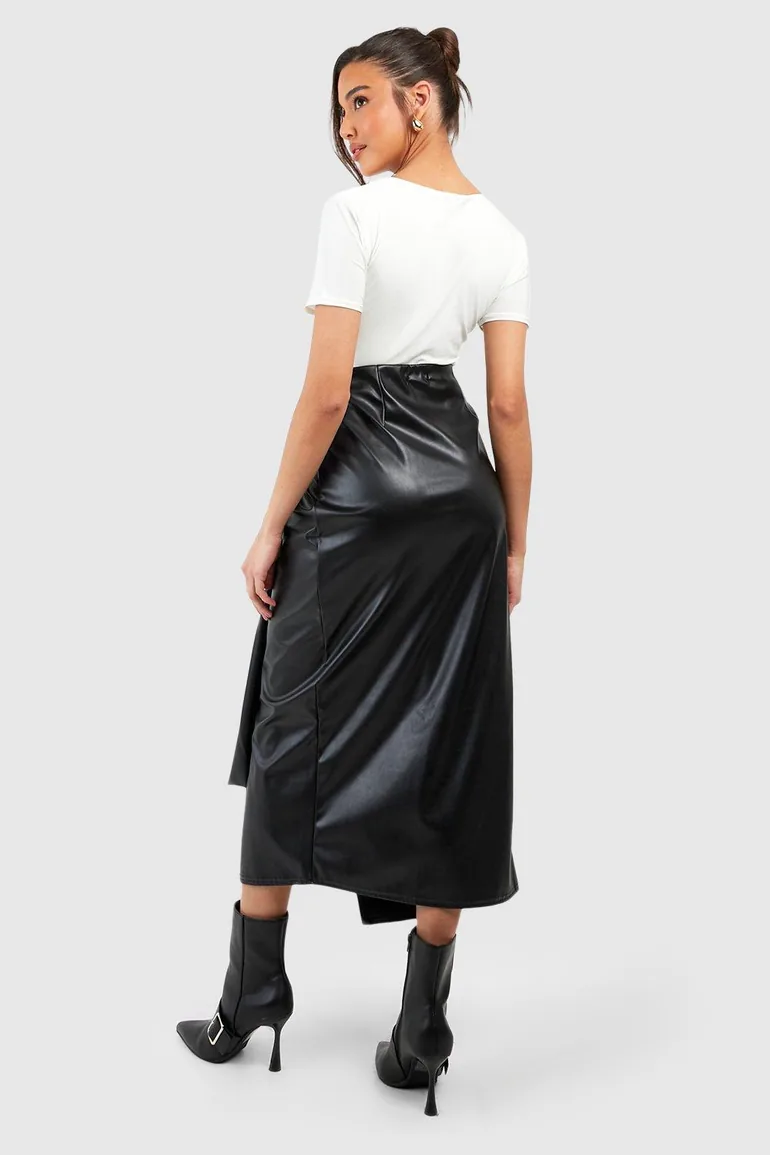 Leather Look Wrap Midaxi Skirt - black - 1