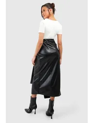 Leather Look Wrap Midaxi Skirt - black - 1