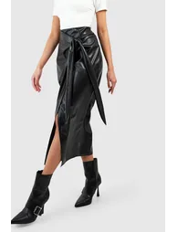 Leather Look Wrap Midaxi Skirt - black - 3