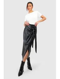Leather Look Wrap Midaxi Skirt - black